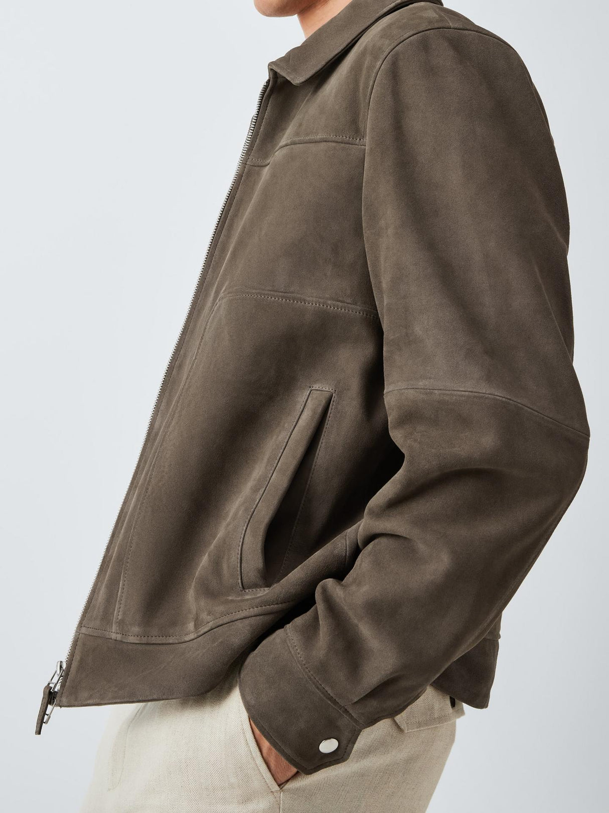 John Lewis Mens Natural Suede Regular Fit Bomber Jacket Dark Khaki - Size XL