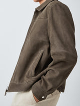 John Lewis Mens Natural Suede Regular Fit Bomber Jacket Dark Khaki - Size XL