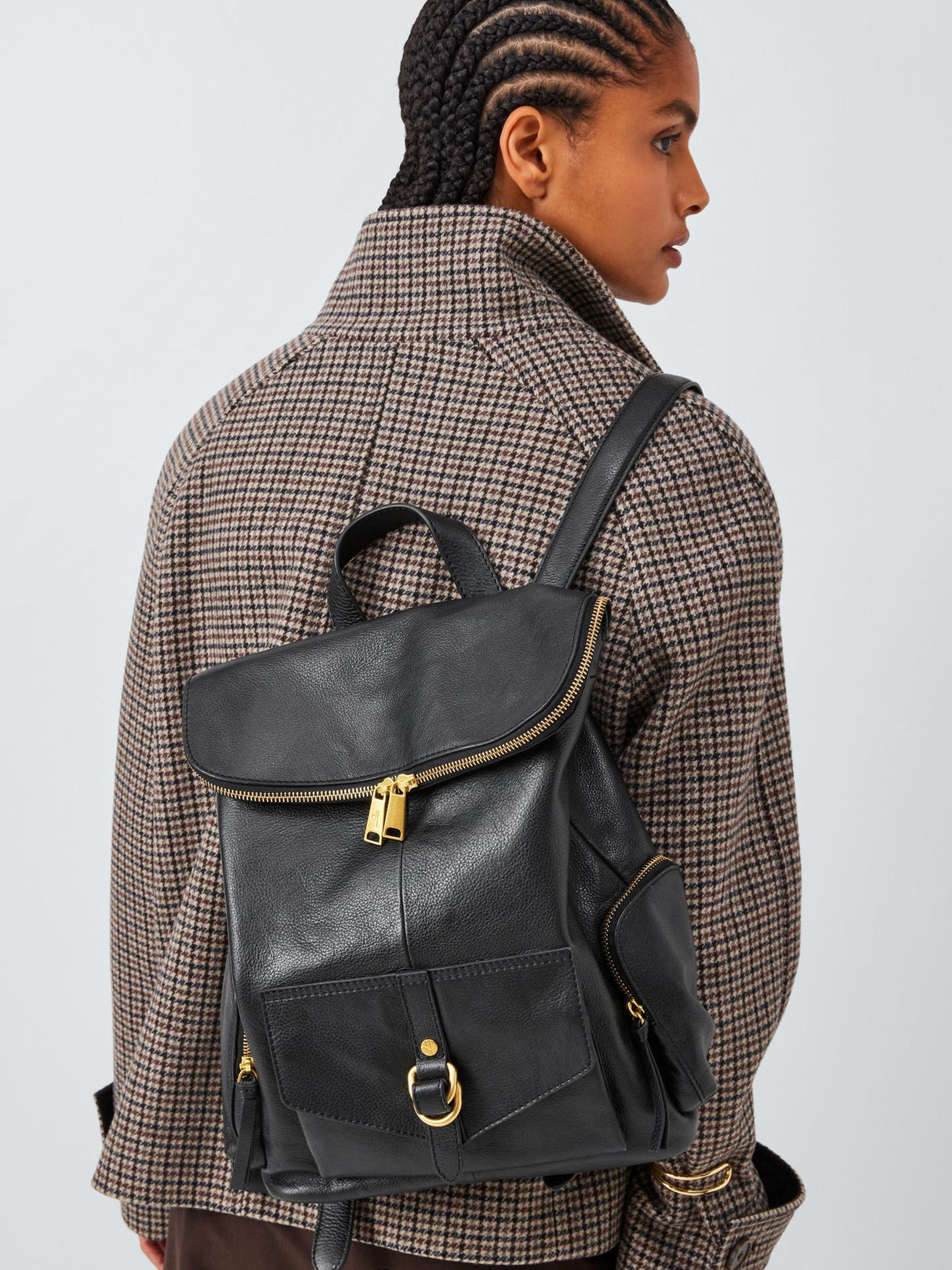 John Lewis Womens Adjustable Strap Leather Utility Zip Backpack - Black