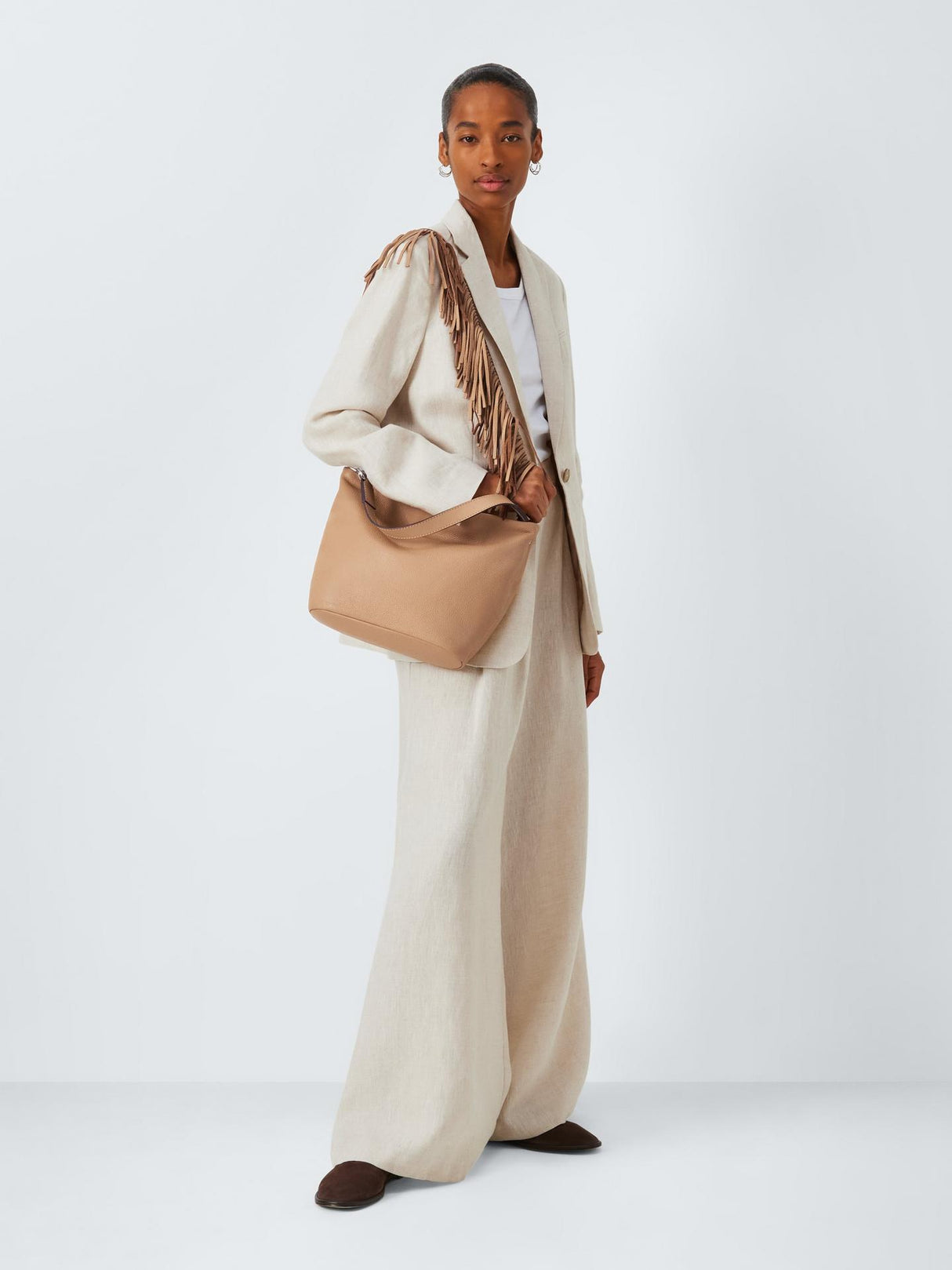 John Lewis Fringe Adjustable Shoulder Strap Medium Leather Bag - Camel