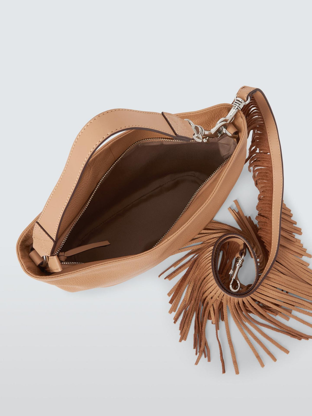 John Lewis Fringe Adjustable Shoulder Strap Medium Leather Bag - Camel