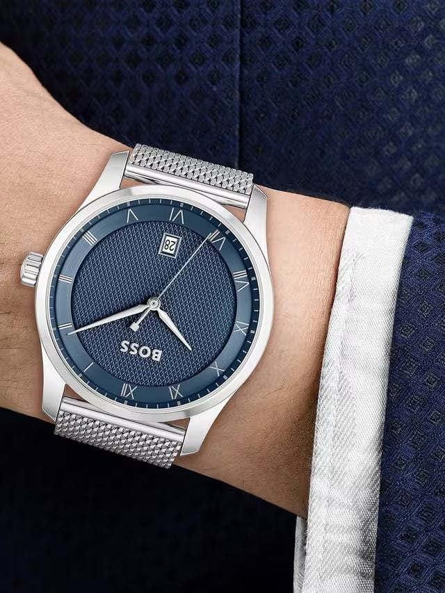 HUGO BOSS 1514115 Men's Principle Mesh Strap Watch - Stainless Steel/Blue