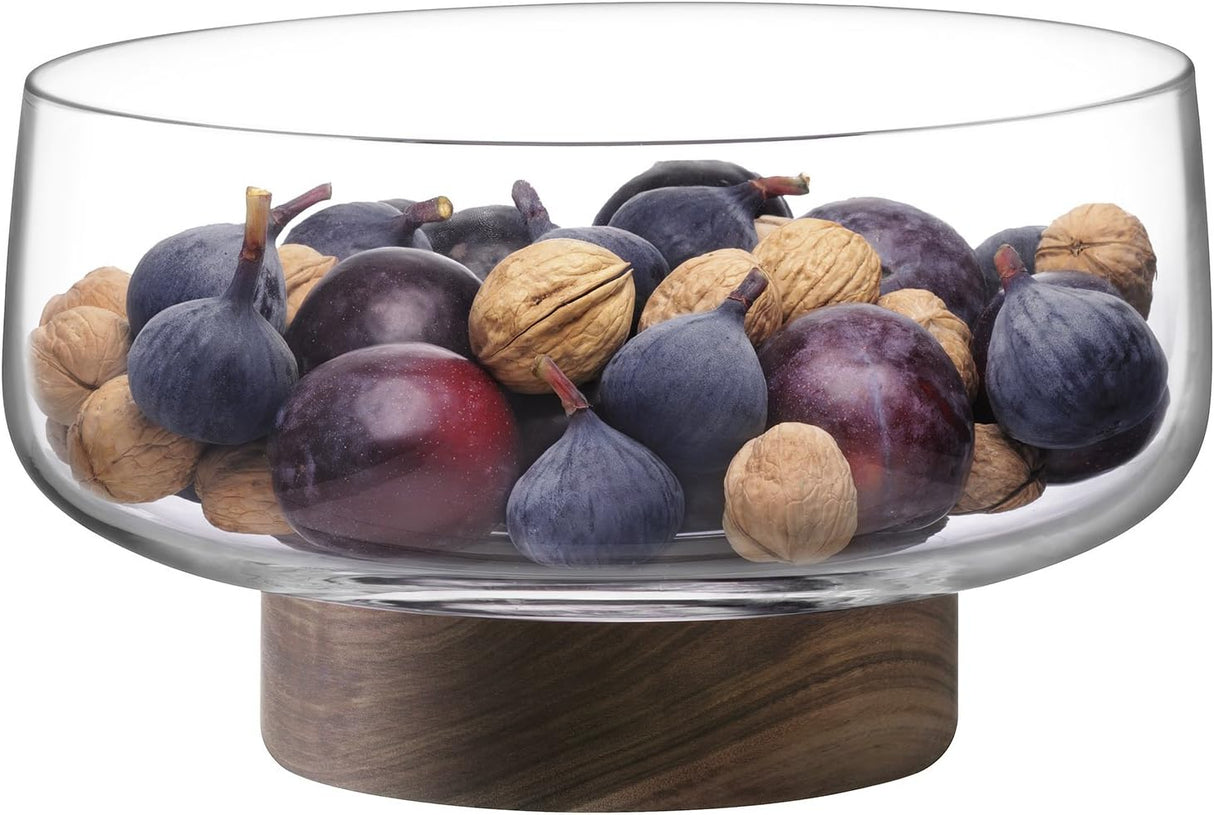 LSA International City 30cm Glass Bowl with Walnut Wood Base - Clear/Natural