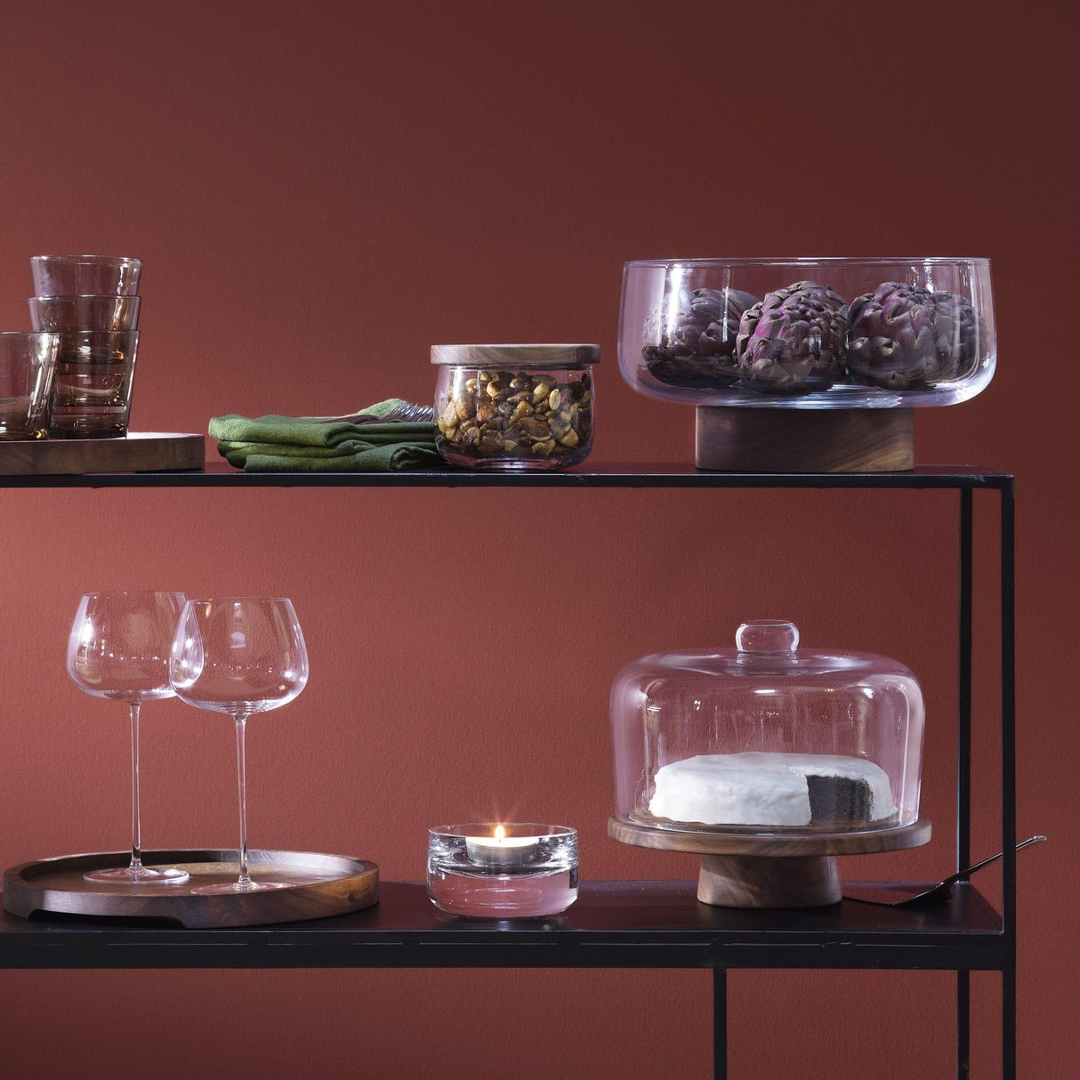 LSA International City 30cm Glass Bowl with Walnut Wood Base - Clear/Natural
