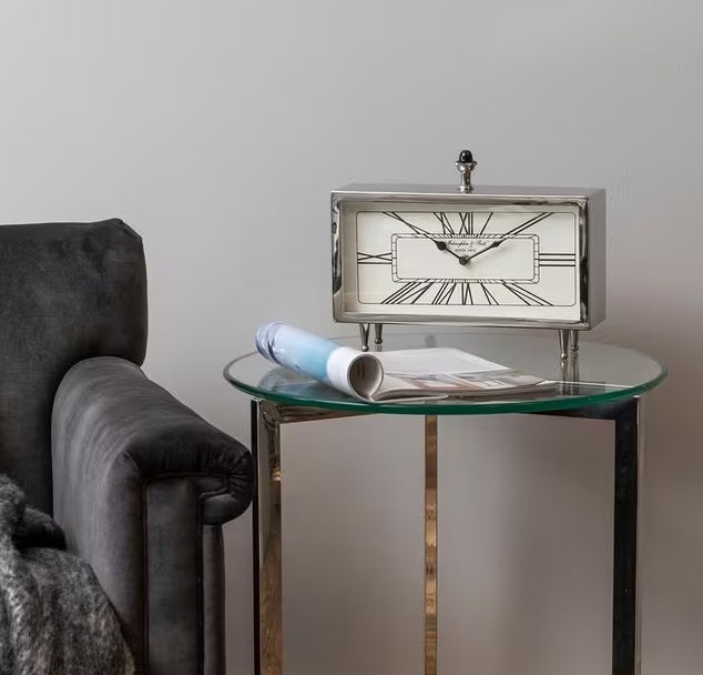Libra Nebolo Classic Roman Numeral Rectangular Desk Mantel Clock - Nickel