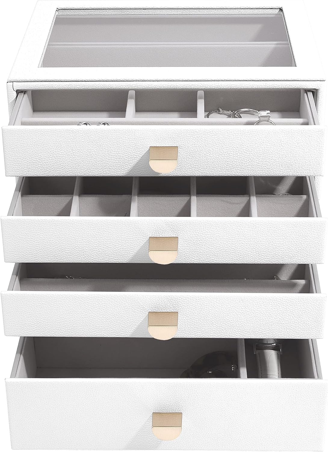 Stackers Glass Lid 4 Drawer Classic Jewellery Box Organiser - White - Kazoop 