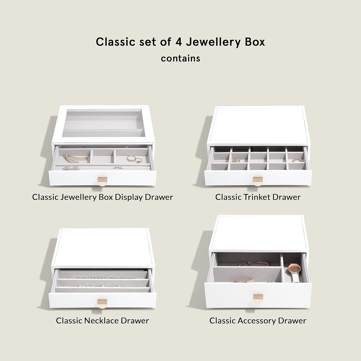 Stackers Glass Lid 4 Drawer Classic Jewellery Box Organiser - White - Kazoop 