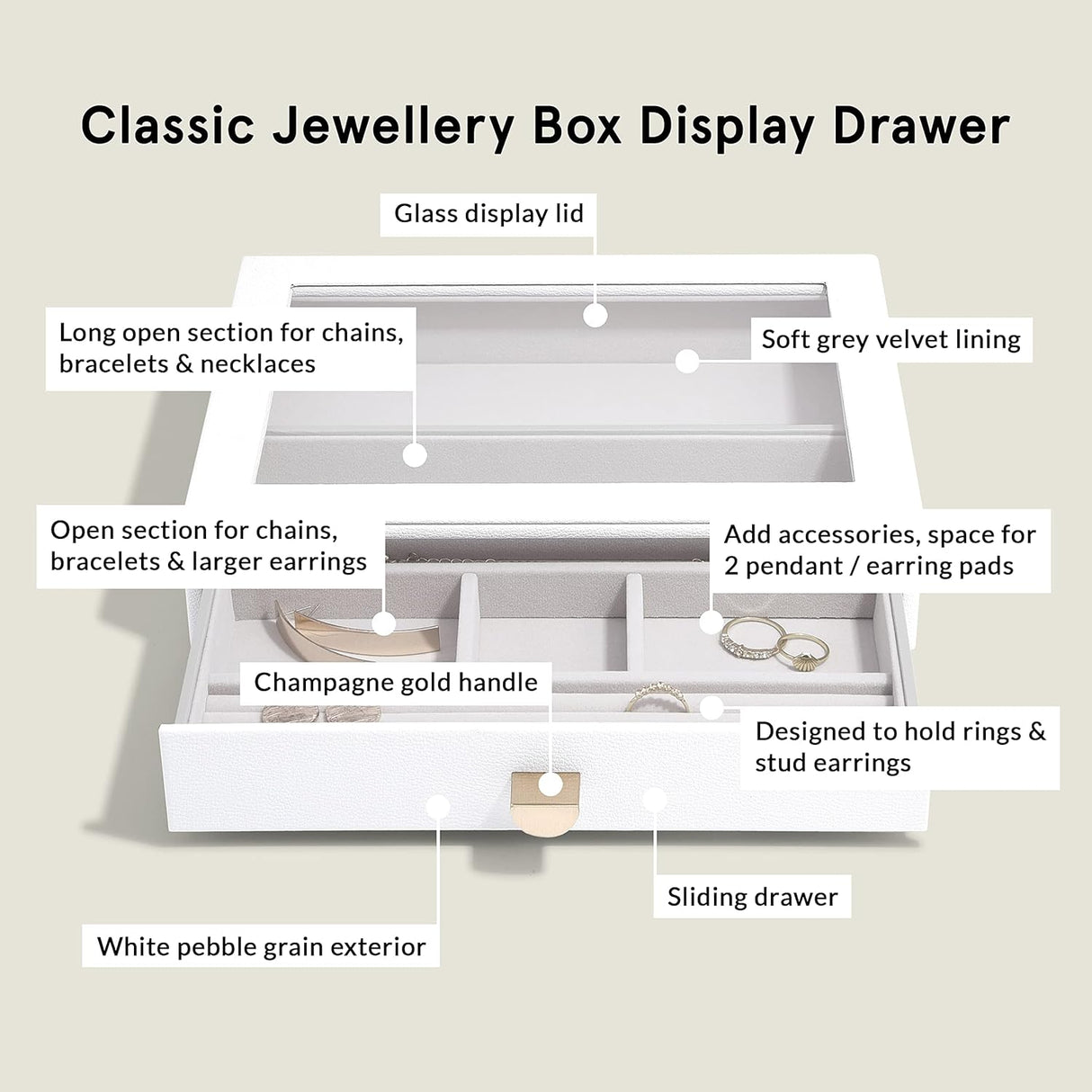 Stackers Glass Lid 4 Drawer Classic Jewellery Box Organiser - White - Kazoop 