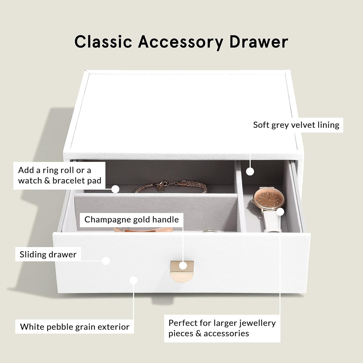 Stackers Glass Lid 4 Drawer Classic Jewellery Box Organiser - White - Kazoop 