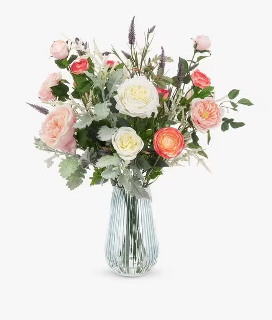 Floralsilk Artificial Rose & Ranunculus in Glass Vase H64cm - Pink/White
