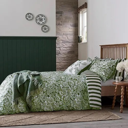 Burleigh x Bedeck Hibiscus Green Stripe Cotton Duvet Cover Set - Super King