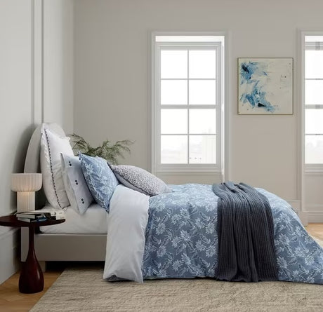Bedeck of Belfast Floral Blue Chambray Cotton Blend Duvet Cover - King Size