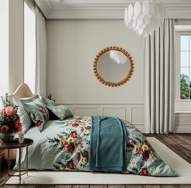 V&A Botanical Harmony Cotton Duvet Cover Set - Blue Teal -  Super King