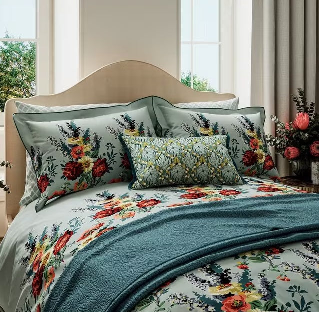 V&A Botanical Harmony Cotton Duvet Cover Set - Blue Teal -  Super King