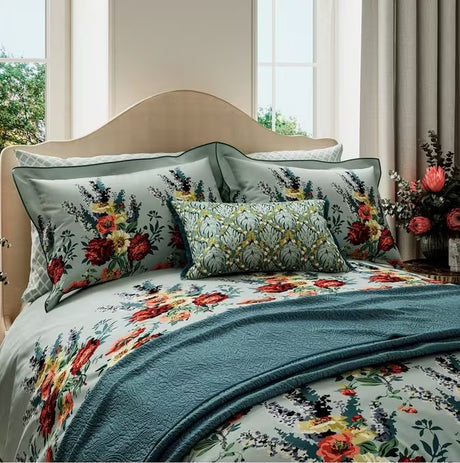 V&A Botanical Harmony Decorative Cotton Throw L220 x W170cm - Blue Teal - Kazoop 