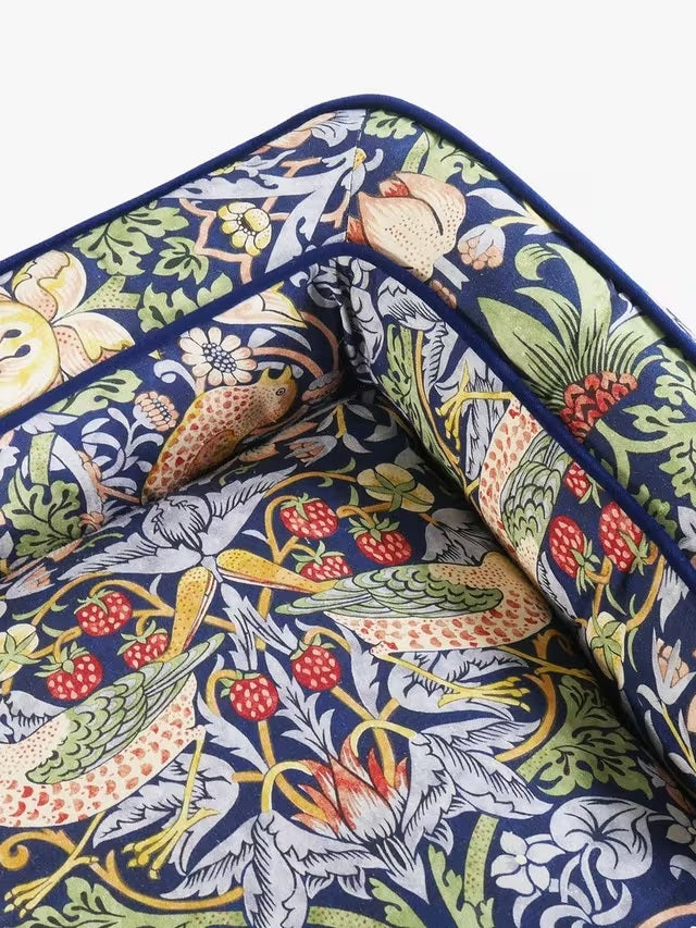 Morris & Co. Strawberry Thief Print Large Dog Sofa Bed - Navy Blue/Multi - Kazoop 