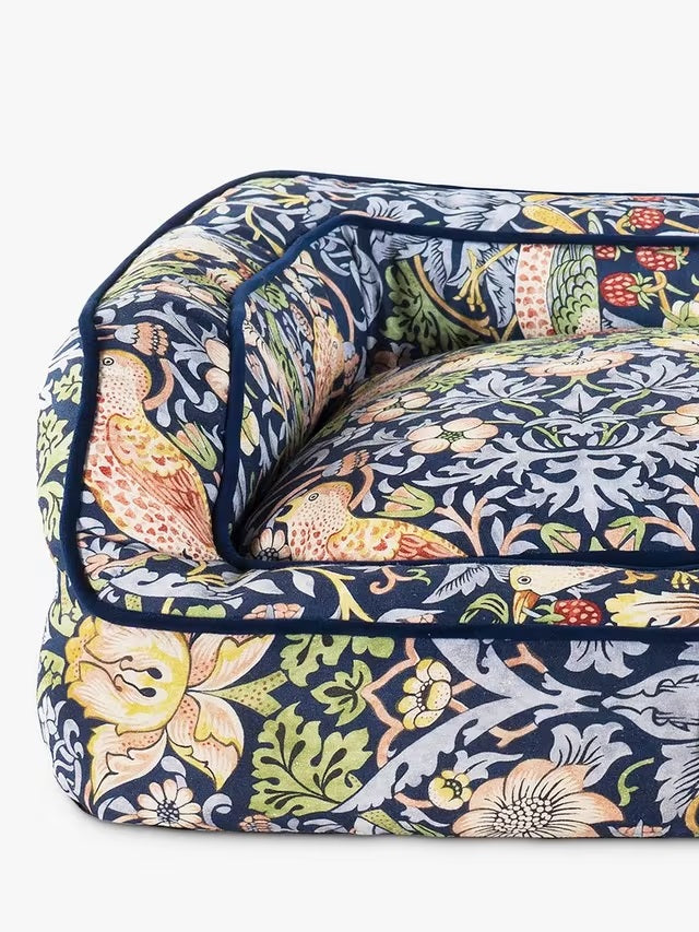 Morris & Co. Strawberry Thief Print Large Dog Sofa Bed - Navy Blue/Multi - Kazoop 