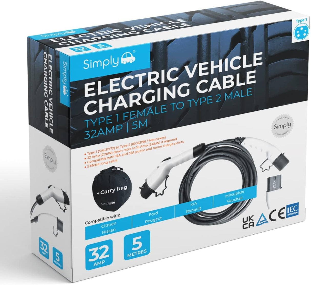 Simply Adjustable 5M 3Pin to Type 1 Electric Vehicle Flexible Charging Cable - Kazoop 