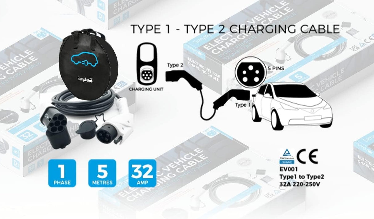 Simply Adjustable 5M 3Pin to Type 1 Electric Vehicle Flexible Charging Cable - Kazoop 