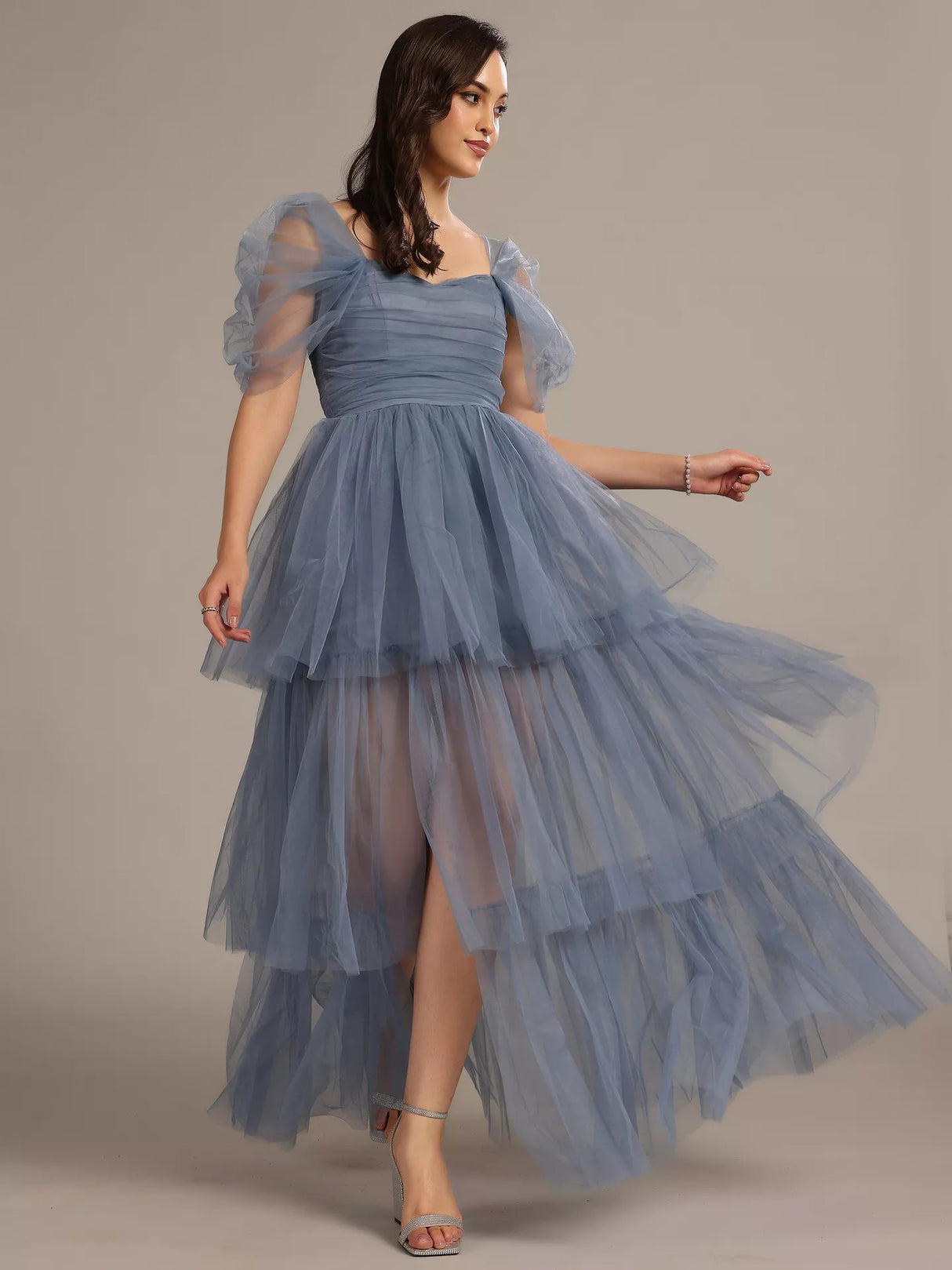 Lace & Beads Sydney Off Shoulder Tulle Tiered Maxi Dress UK 10 - Dusty Blue