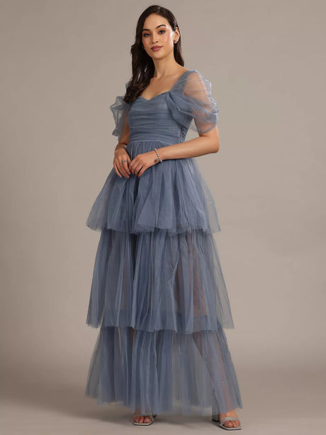 Lace & Beads Sydney Off Shoulder Tulle Tiered Maxi Dress UK 10 - Dusty Blue