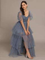 Lace & Beads Sydney Off Shoulder Tulle Tiered Maxi Dress UK 10 - Dusty Blue