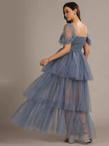 Lace & Beads Sydney Off Shoulder Tulle Tiered Maxi Dress UK 10 - Dusty Blue