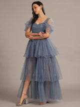 Lace & Beads Sydney Off Shoulder Tulle Tiered Maxi Dress UK 10 - Dusty Blue