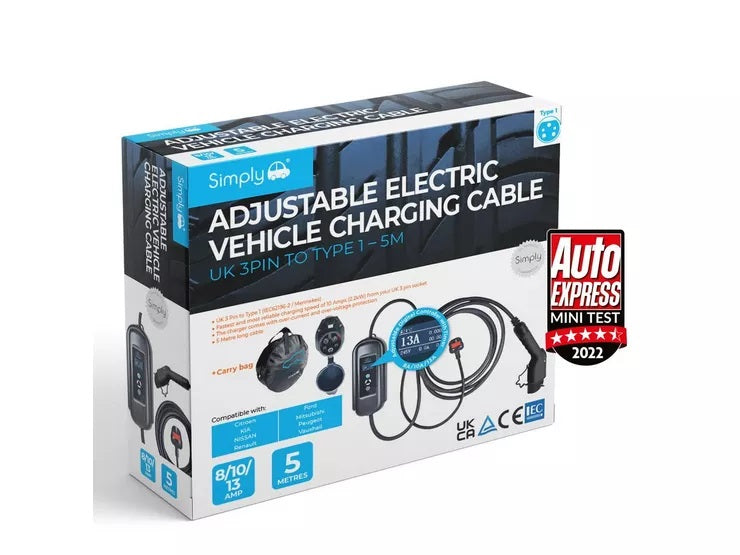 Simply EV Adjustable 3.1kW 8/10/13amp 5M 3Pin to Type 1 Fast Charging Cable - Kazoop 