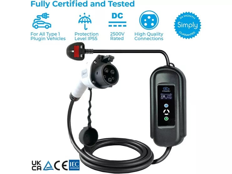 Simply EV Adjustable 3.1kW 8/10/13amp 5M 3Pin to Type 1 Fast Charging Cable - Kazoop 