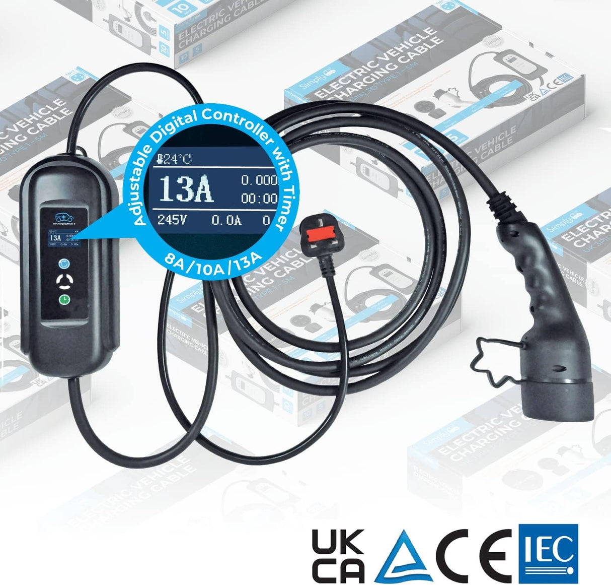 Simply EV Adjustable 3.1kW 8/10/13amp 5M 3Pin to Type 1 Fast Charging Cable - Kazoop 