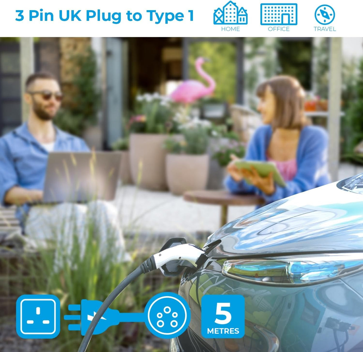 Simply EV Adjustable 3.1kW 8/10/13amp 5M 3Pin to Type 1 Fast Charging Cable - Kazoop 