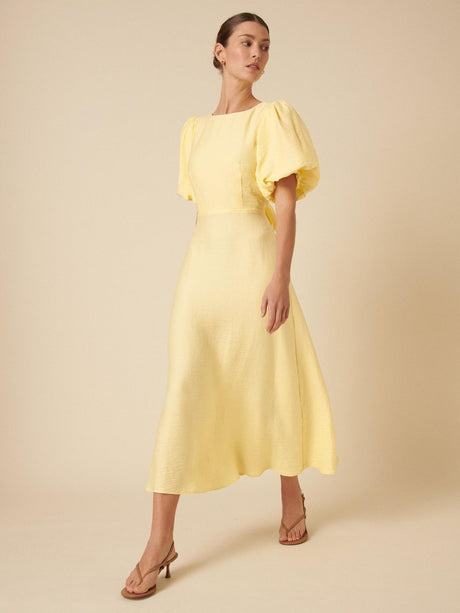 Nobody's Child Petite Zola Short Puff Sleeve Open Back Midi Dress Yellow 16