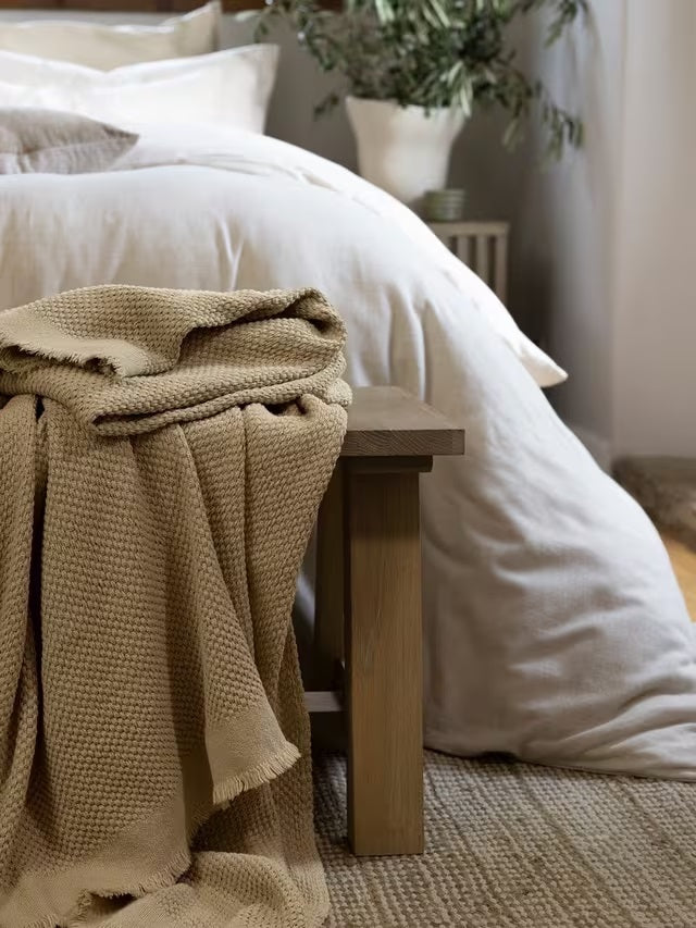 Christy Madeira Cosy Textured Weave Cotton Throw 140 x 180cm - Stone Beige