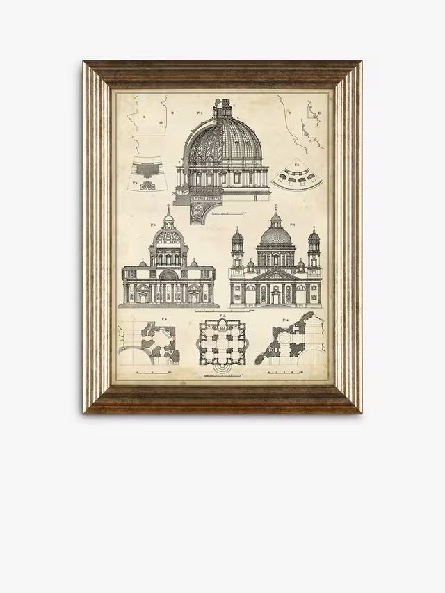 John Lewis Vintage Architecture Framed Prints 47 x 37cm Set of 4 - Gold