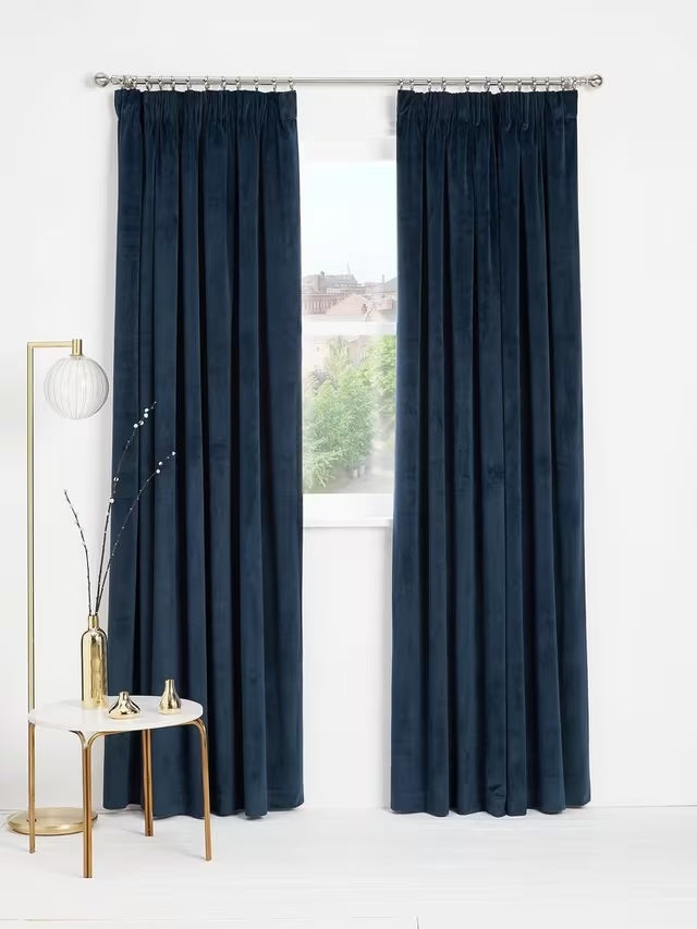 John Lewis Velvet Pair Lined Pencil Pleat Curtains W228 x Drop 182cm - Navy