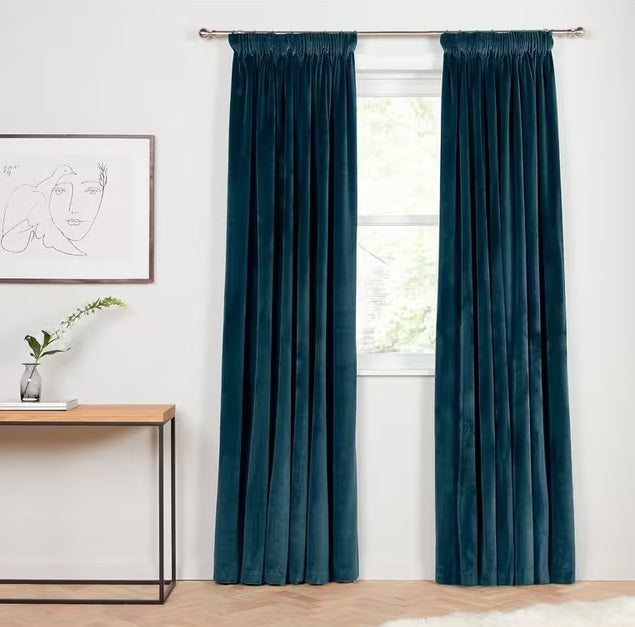 John Lewis Velvet Pair Lined Pencil Pleat Curtains W228 x Drop 182cm - Teal
