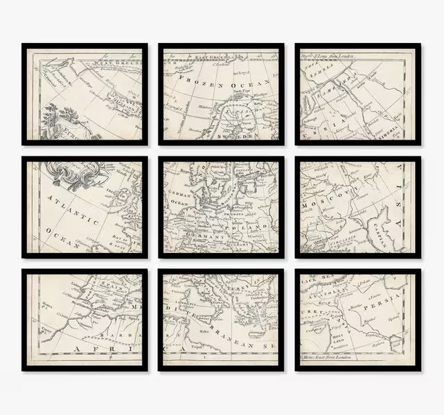 John Lewis Map of Europe Vintage Framed Prints 9 Piece Set - Brown/Multi
