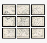 John Lewis Map of Europe Vintage Framed Prints 9 Piece Set - Brown/Multi