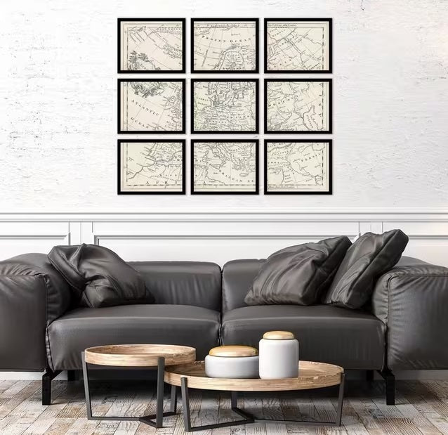 John Lewis Map of Europe Vintage Framed Prints 9 Piece Set - Brown/Multi