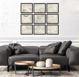 John Lewis Map of Europe Vintage Framed Prints 9 Piece Set - Brown/Multi