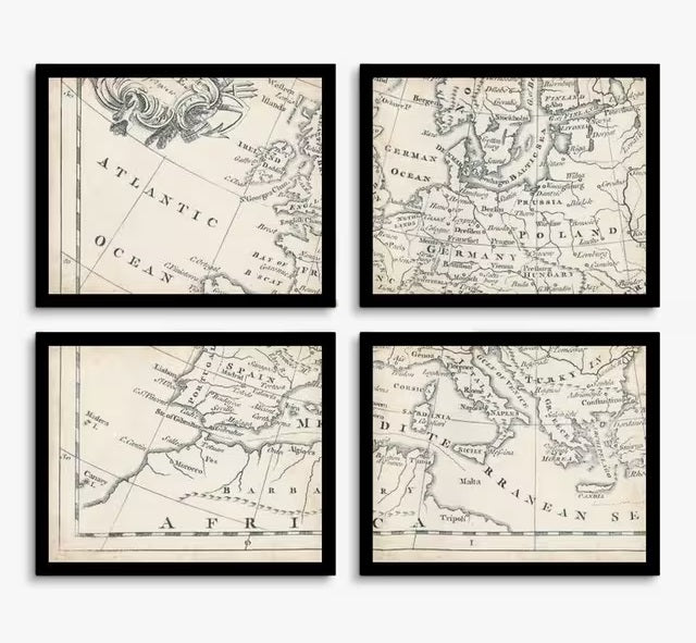 John Lewis Map of Europe Vintage Framed Prints 9 Piece Set - Brown/Multi
