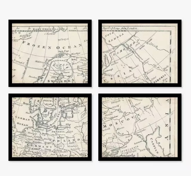 John Lewis Map of Europe Vintage Framed Prints 9 Piece Set - Brown/Multi