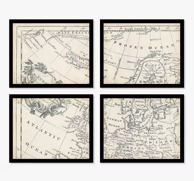 John Lewis Map of Europe Vintage Framed Prints 9 Piece Set - Brown/Multi