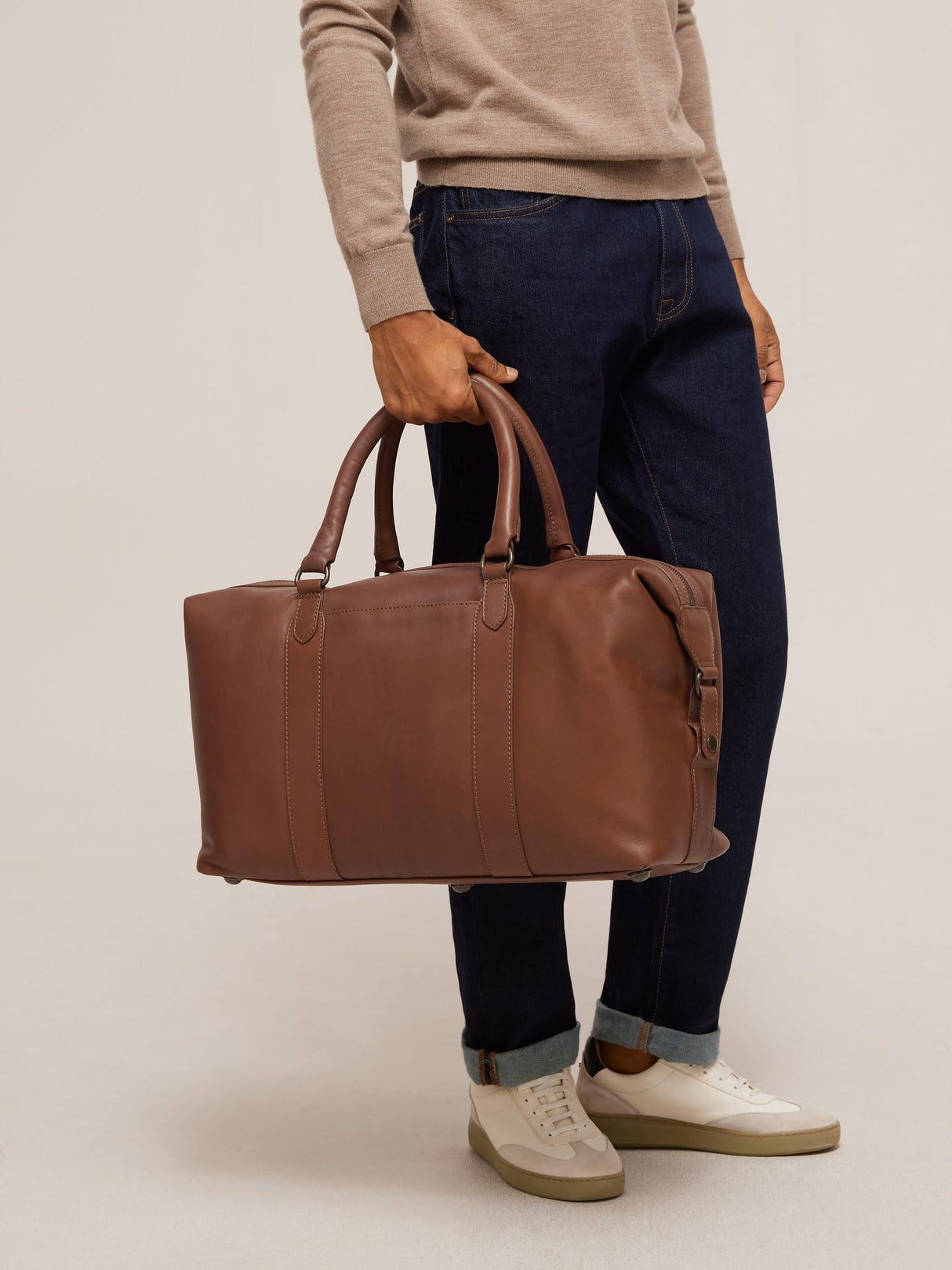 John Lewis Edinburgh Full-Grain Leather Holdall Bag H28 x W48 x D19cm - Tan
