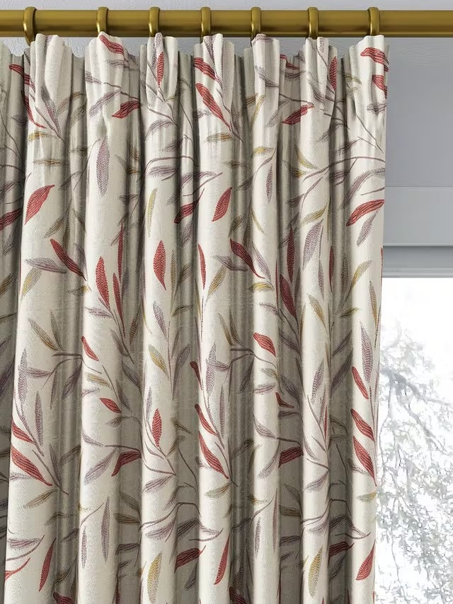 John Lewis Langley Leaf Lined Pencil Pleat Curtains 228 x 137cm - Rosehip