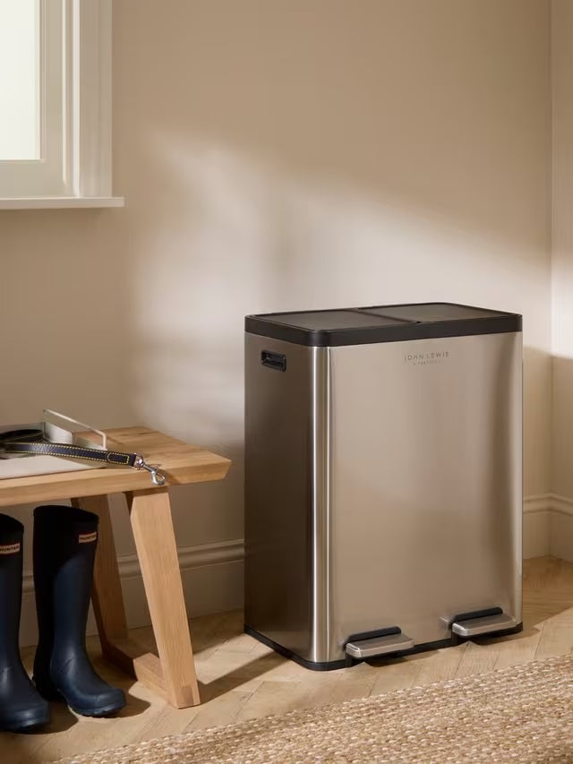John Lewis 2 Section 60L Recycling Pedal Bin with Handles - Stainless Steel