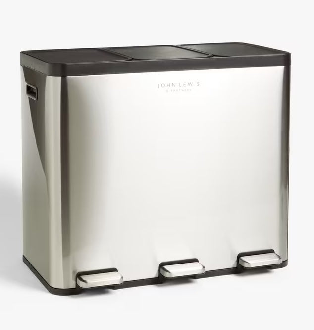 John Lewis 3 Section 60L Recycling Kitchen Waste Pedal Bin - Brushed Steel