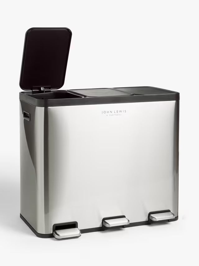 John Lewis 3 Section 60L Recycling Kitchen Waste Pedal Bin - Brushed Steel