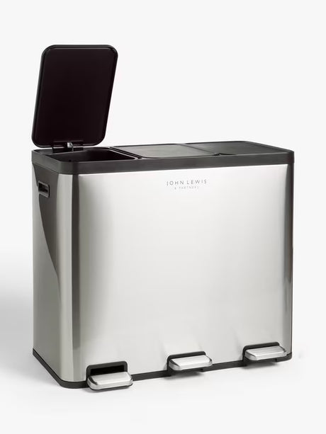 John Lewis 3 Section 60L Recycling Kitchen Waste Pedal Bin - Brushed Steel